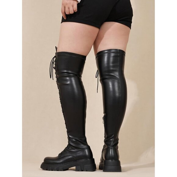 Women Black-lace Up Synthetic Comfortable Thigh High Over The Knee High Boot - Picture 4 of 8